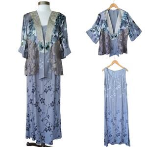 SPENCER ALEXIS Sleeveless Jacquard Dress + Kimono Jacket Size Large Blue Floral